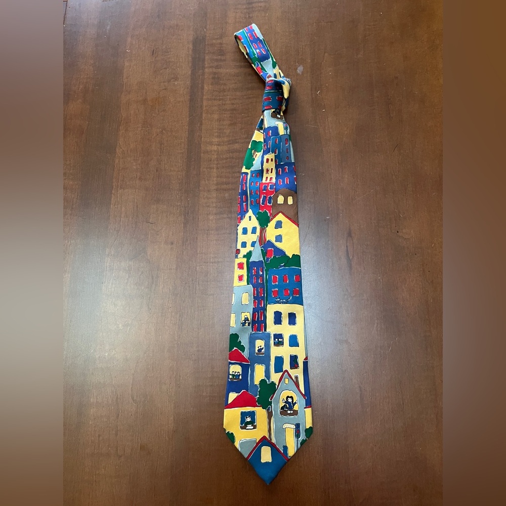 Save The Children silk vintage Colorful mens Tie with Cityscape Design